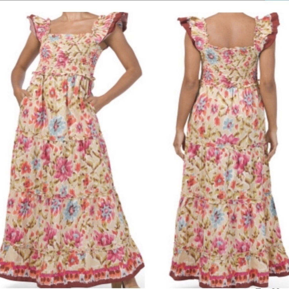 House Of Harlow 1960 Zoey Khaki pink red Floral Print Smocked Maxi Dress EUC - Picture 2 of 7